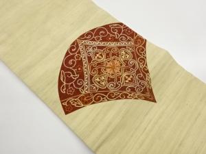 手織り紬切り嵌め華文に花唐草模様刺繍名古屋帯